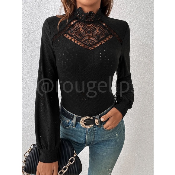 Black Lace Guipure Eyelet Mock Neck Long Sleeve Tee Shirt Fitted - Picture 4 of 7
